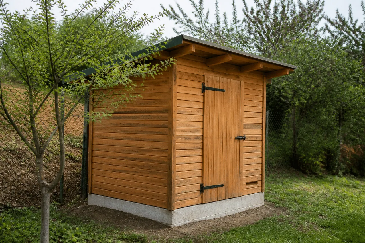 Petite construction en bois avec fondations beton dans jardin