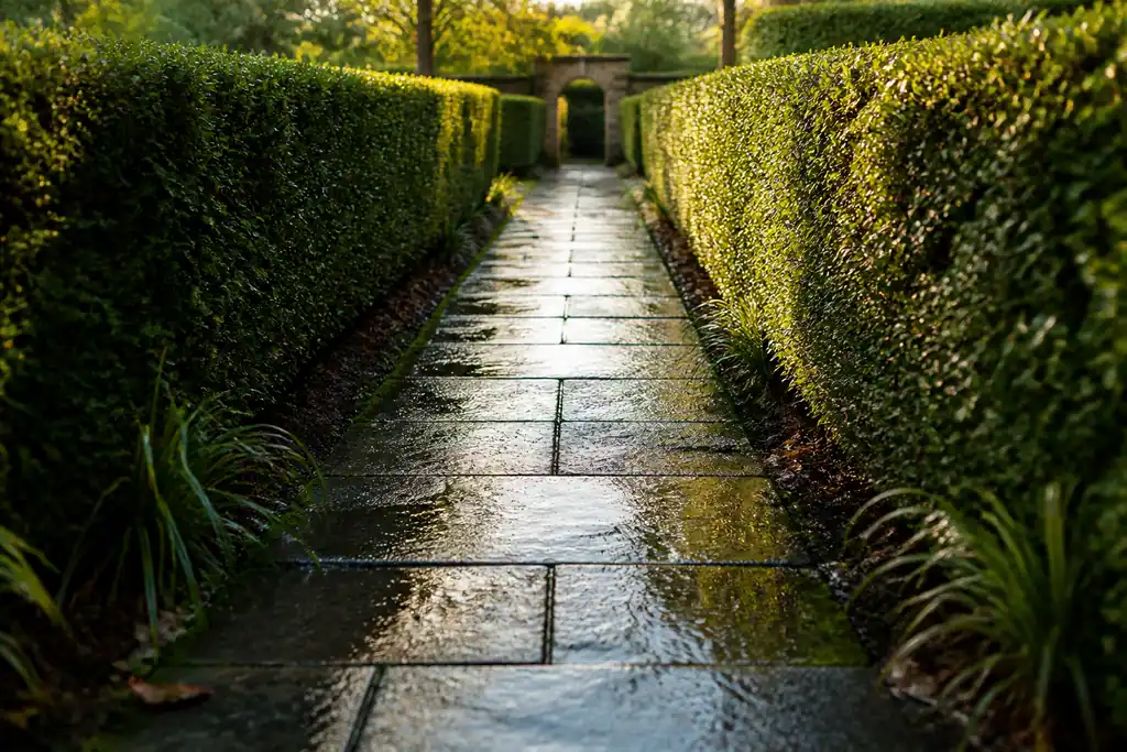 Allee de dalles humides bordee de haies taillees