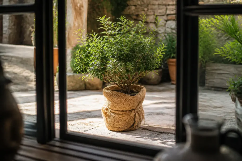 Arbuste dans un pot entoure de toile de jute