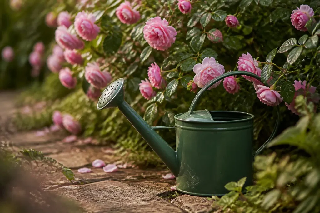 Arbustes roses en fleurs et arrosoir vert au jardin