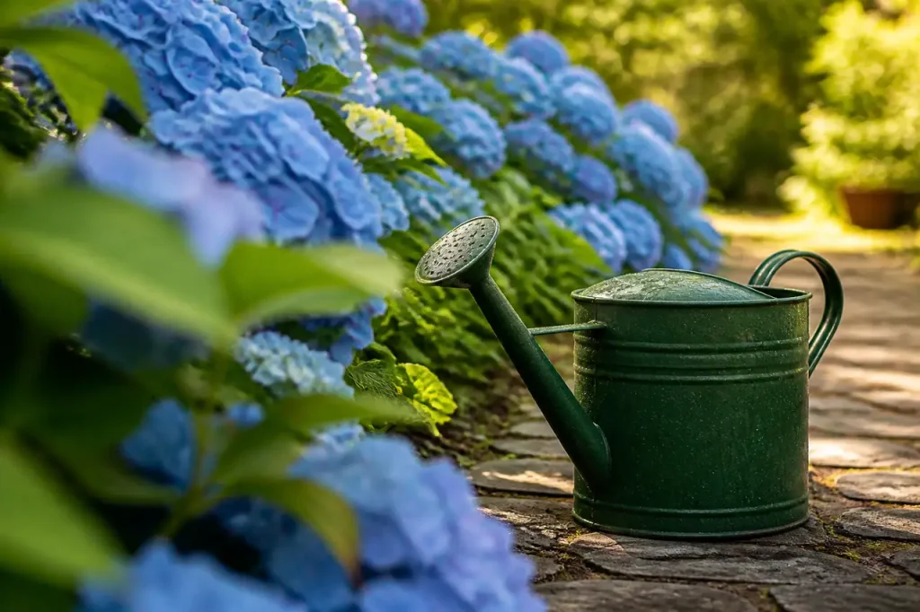 Arrosoir vert pres des hortensias bleus dans un jardin