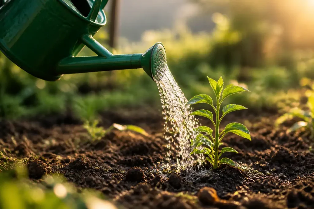 Arrosoir vert penche sur un jeune plant