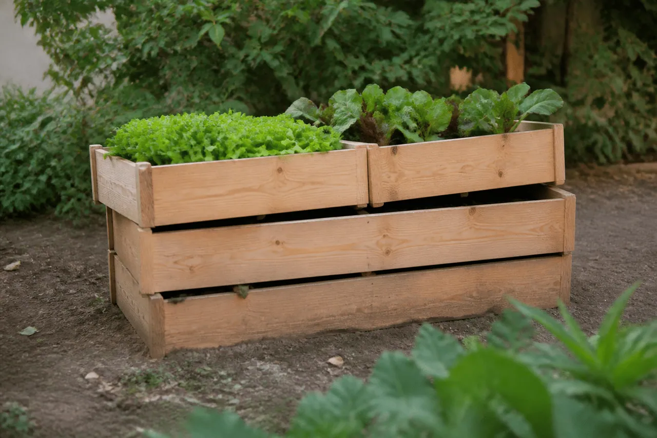 Bacs potagers bois empiles avec planches pin naturel.