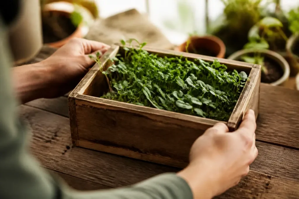 Petite boite en bois remplie de plants verts