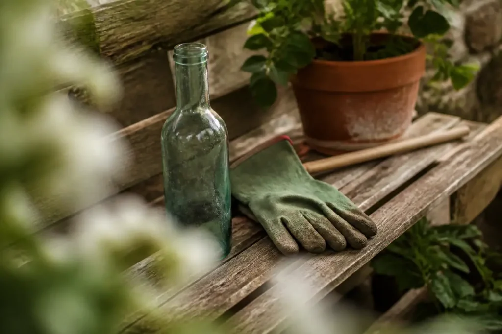 Bouteille en verre et gants de jardin sur banc