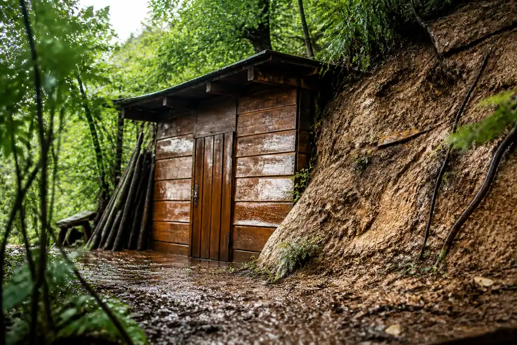 Cabanon en bois mouille pres dun talus de terre