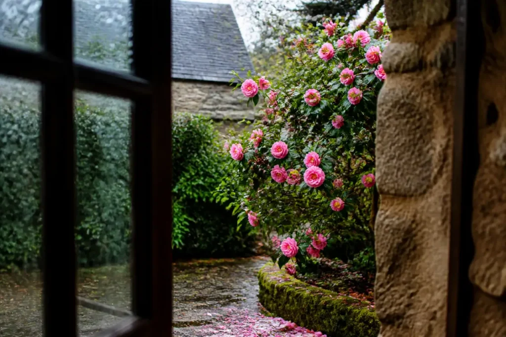 Camelia rose sous la pluie dans un jardin breton