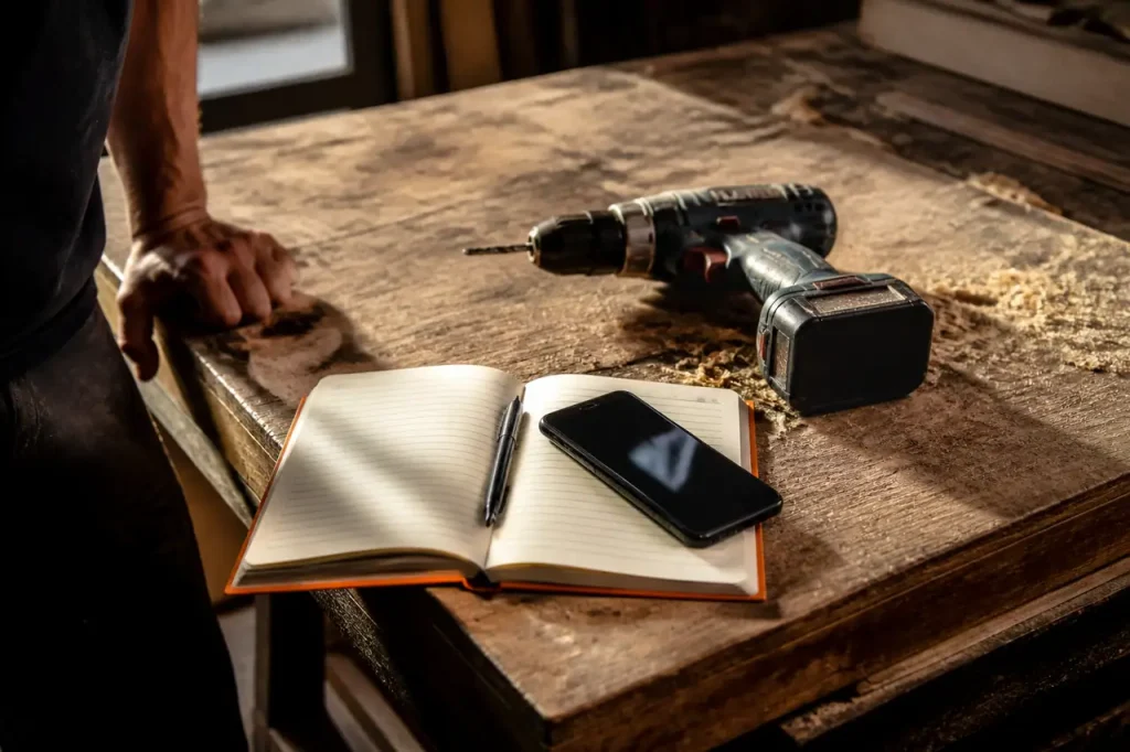 Carnet ouvert et telephone poses pres d'une perceuse