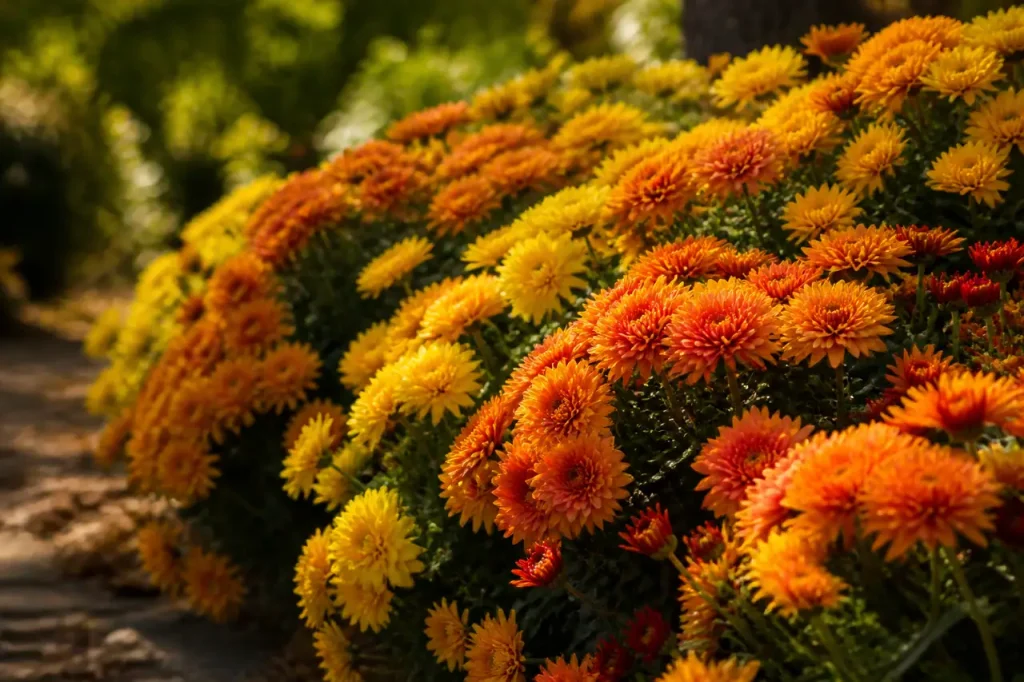 Chrysanthemes orange et jaunes en massif ensoleille