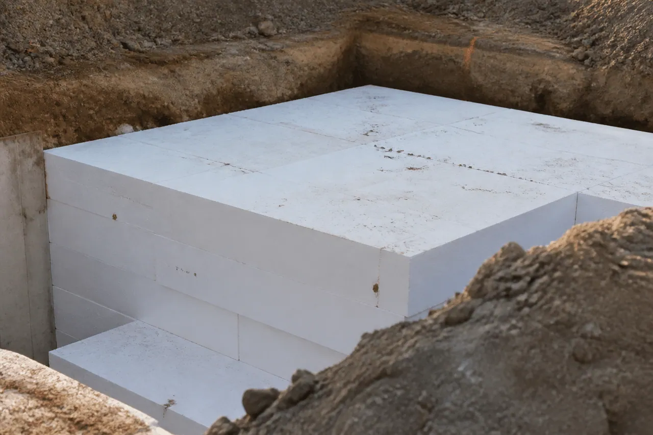 Chantier creusé avec blocs polystyrène blancs empilés
