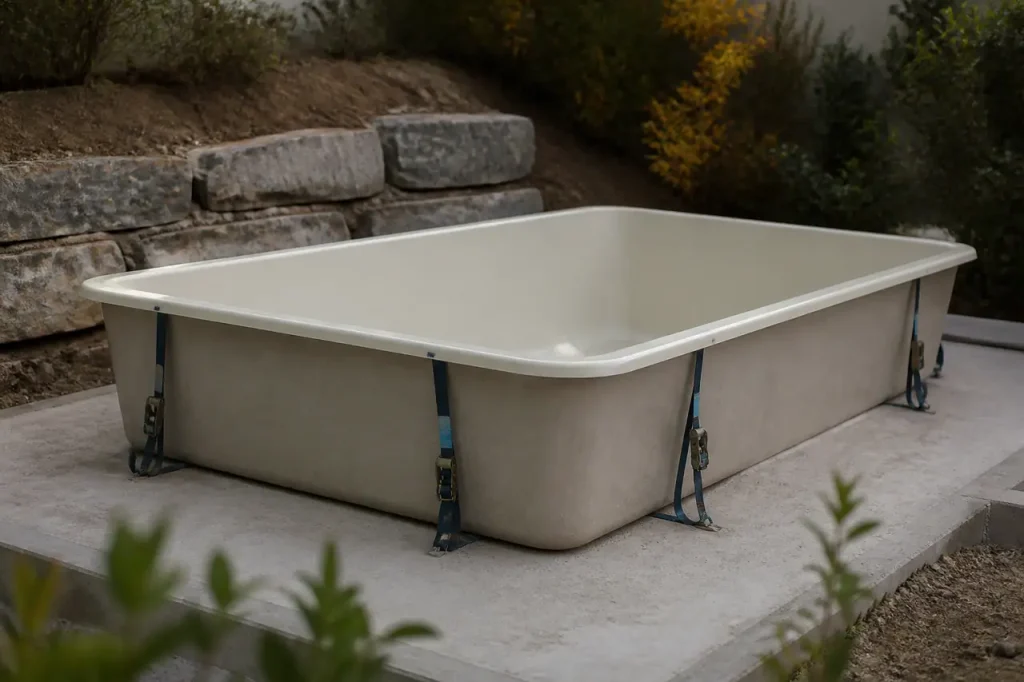 Cuve vide sur dalle beton, sangles de fixation visibles