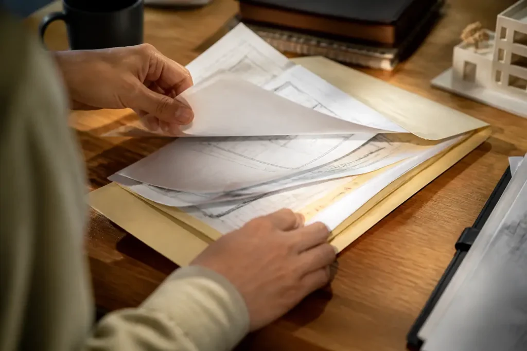 Dossier beige rempli de plans et factures sur bureau