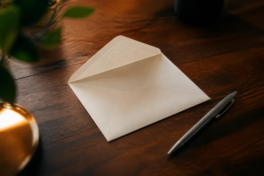 Enveloppe ouverte sur bureau en bois avec stylo