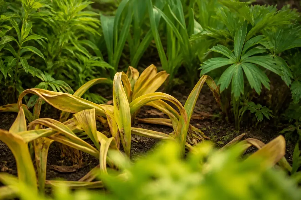Feuillage de tulipes jaunissant au pied de vivaces vertes