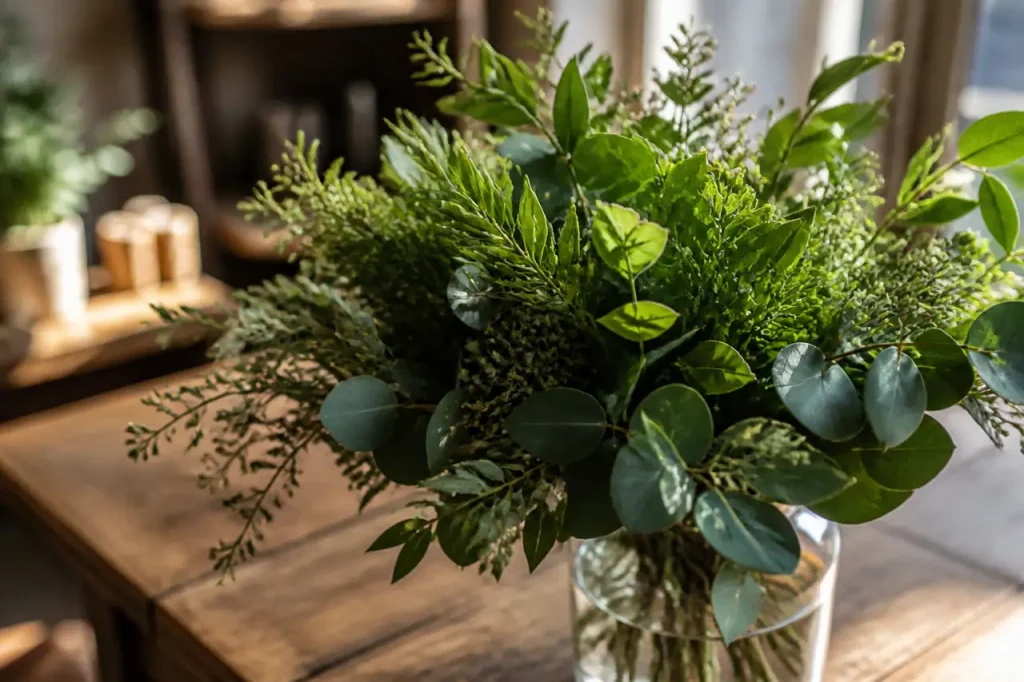 Feuillages verts frais en bouquet sur table bois