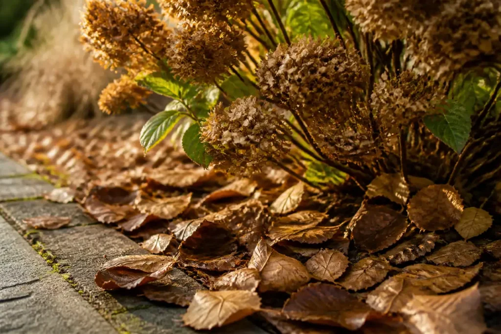 Feuilles brunes etalees au pied d'un hortensia