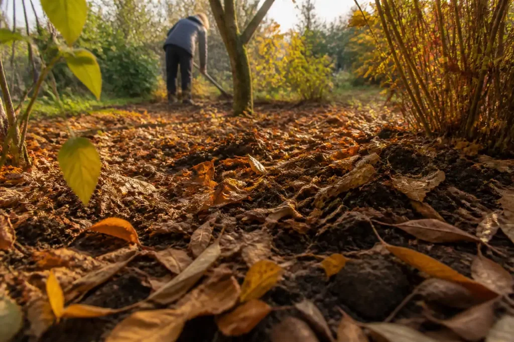Feuilles mortes couvrant une terre de jardin brune