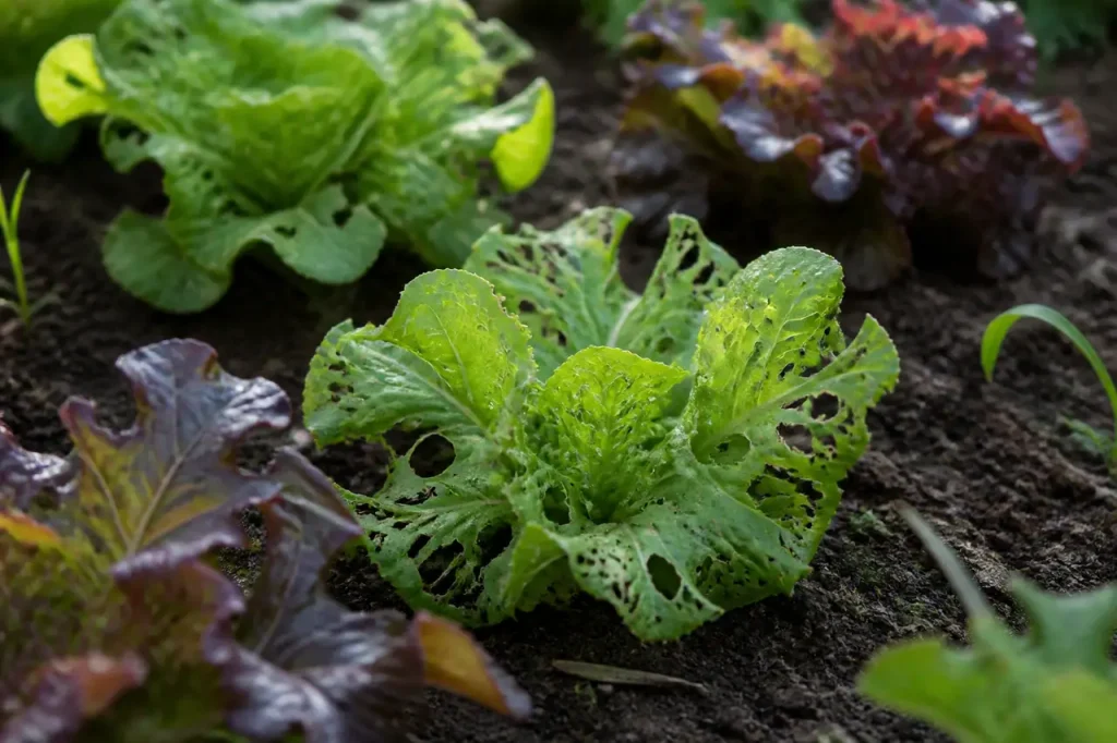 Feuilles de salade percees de trous et nervures nues