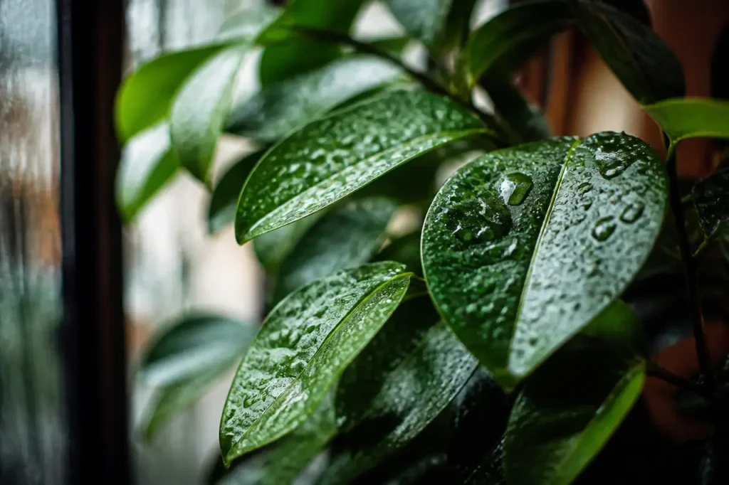 Feuilles vertes brillantes couvertes de gouttes de pluie