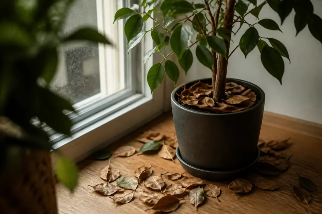 Ficus en pot pres d'une fenetre, feuilles tombees
