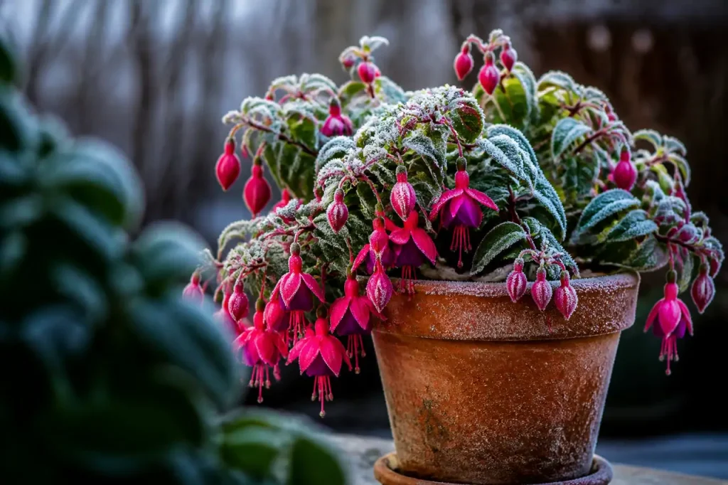 Fuchsia en pot terre cuite couvert de givre
