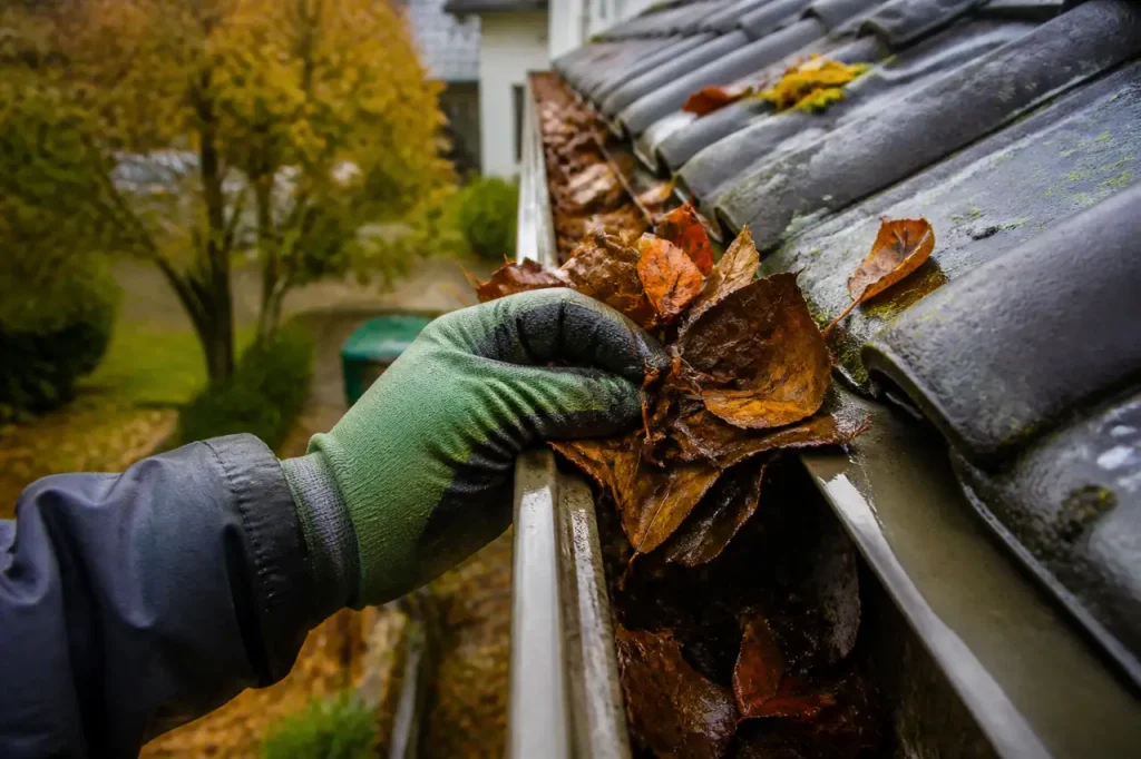 Main gantée vidant une gouttière encombrée de feuilles mouillées