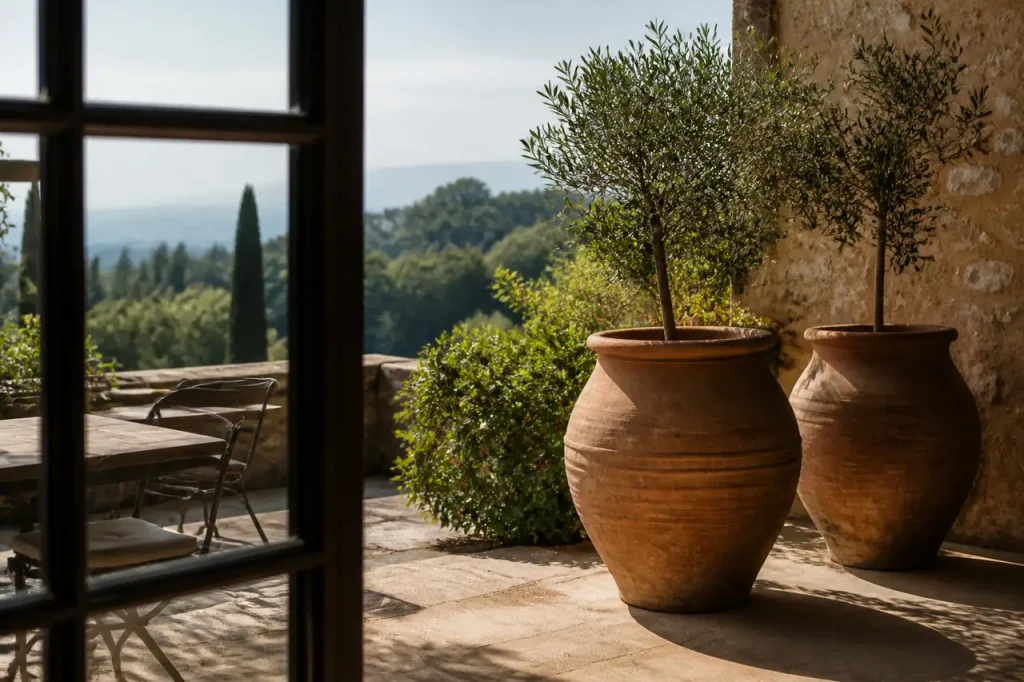 Grands pots en terre cuite avec olivier sur terrasse