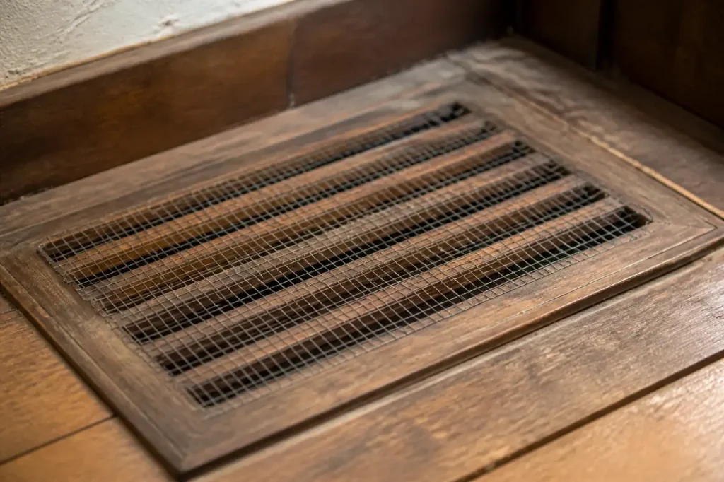 Grillage metallique fin sur grille de ventilation en bois