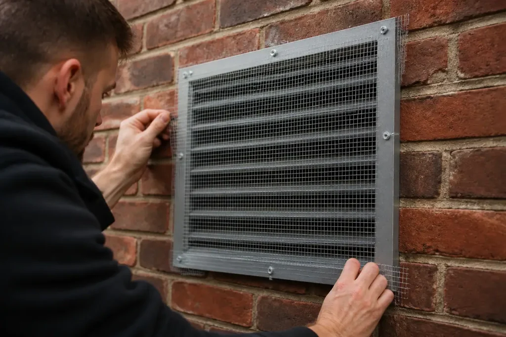 Grillage metallique fin pose sur grille ventilation murale brique