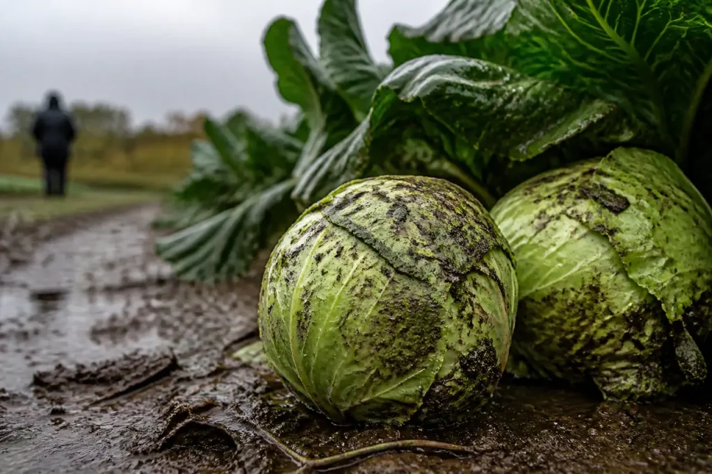 Gros choux pommes couverts de boue sous la pluie