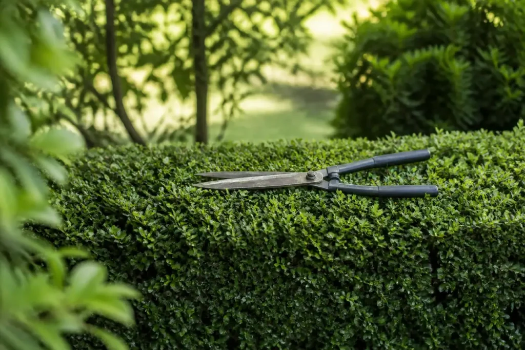 Haie verte nette aux branches coupees, cisaille posee dessus