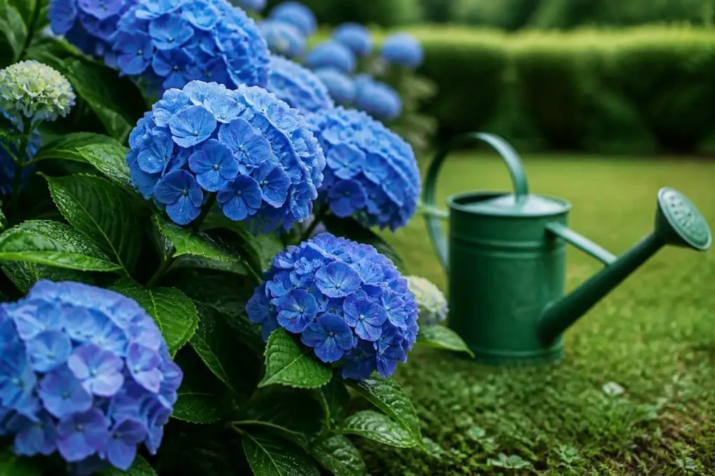 Hortensias bleus fleurissant pres d'un arrosoir vert