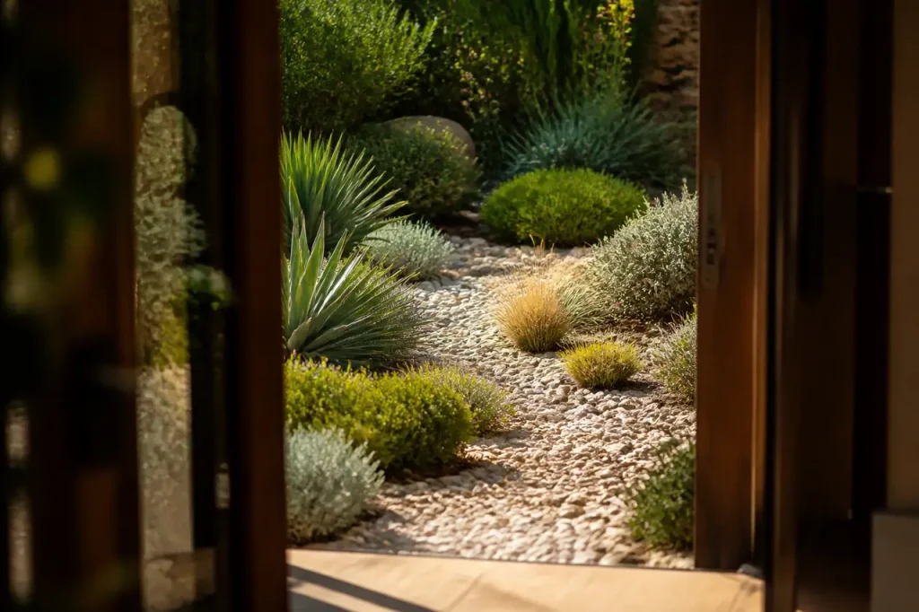 Jardin littoral avec plantes coriaces et galets clairs