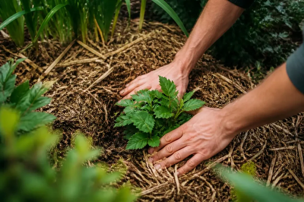 Jardinier ecarte paillis brun autour feuilles vertes