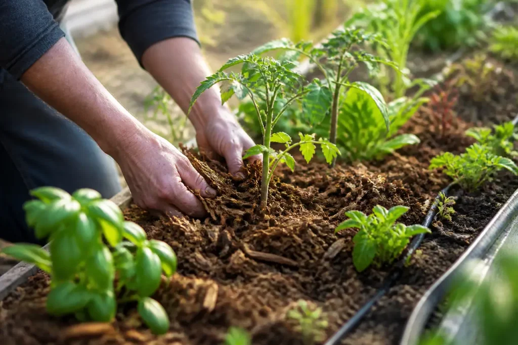 Jardinier etalant du broyat brun autour des plants