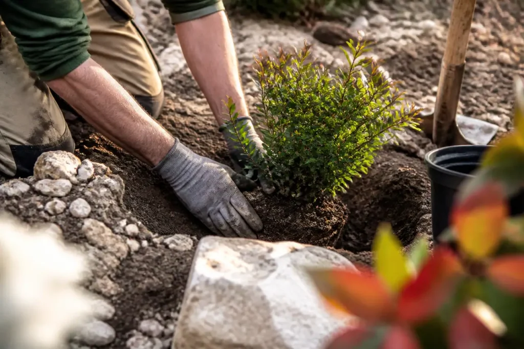 Jardinier plante un arbuste dans une terre pierreuse