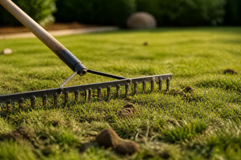 Jardinier ratissant une pelouse fraichement regarnie de gazon