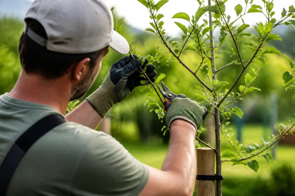 Jardinier taillant une branche d'un jeune arbre