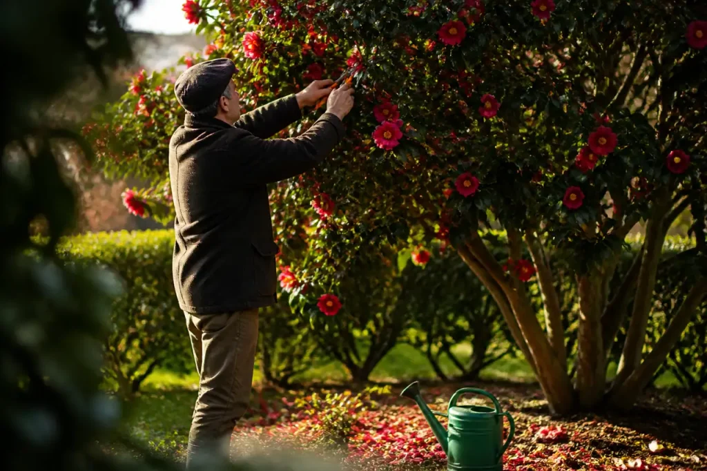 Jardinier taille un camelia, arrosoir vert au pied