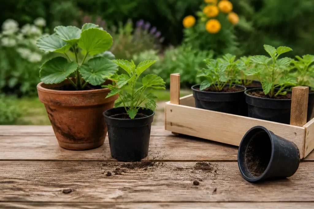 Deux jardiniers echangeant des plants en pots au jardin