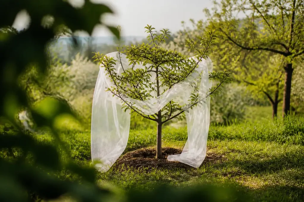 Jeune arbre fruitier avec un voile blanc entrouvert