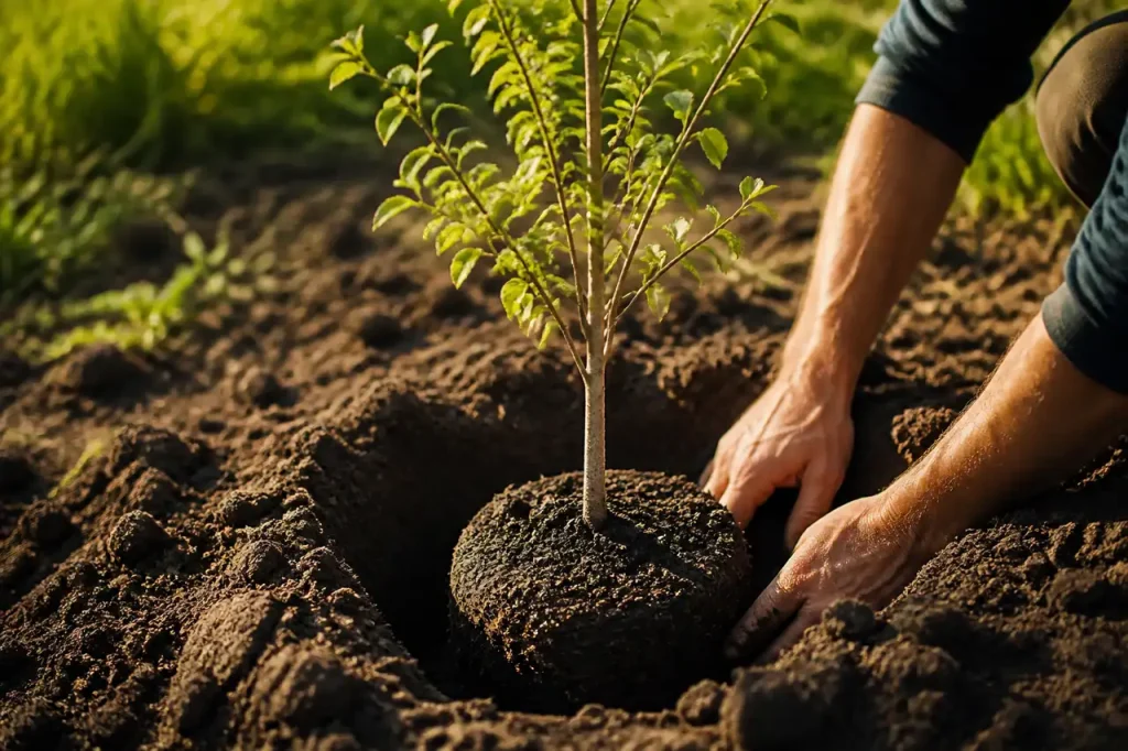 Jeune arbre en motte dans une terre brune humide