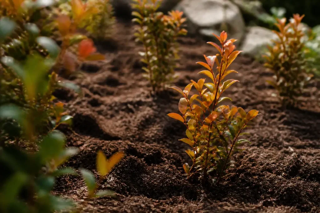 Jeunes arbustes plantes dans terre brune, feuilles orange