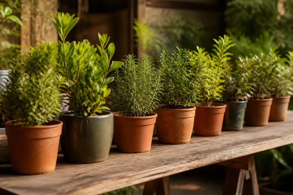 Jeunes arbustes en pots alignes sur une table