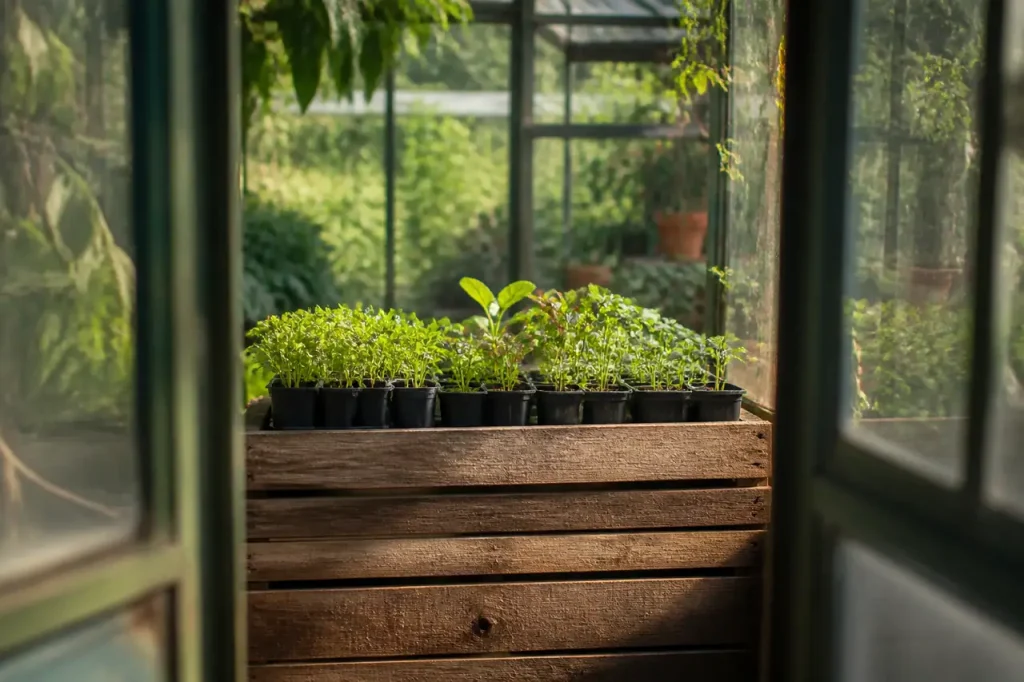 Jeunes plants alignes sur une caisse en bois