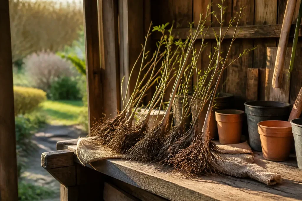 Jeunes plants a racines nues sur table en bois