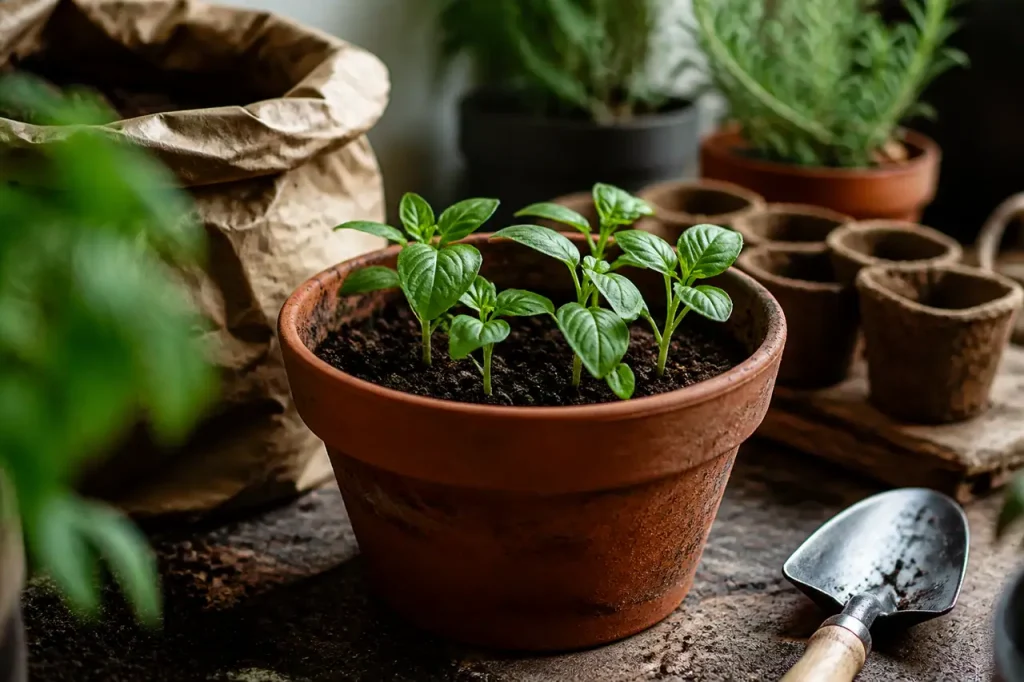 Jeunes plants repiques dans un pot en terre cuite