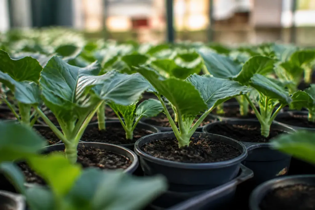 Jeunes plants trapus aux tiges epaisses en godet