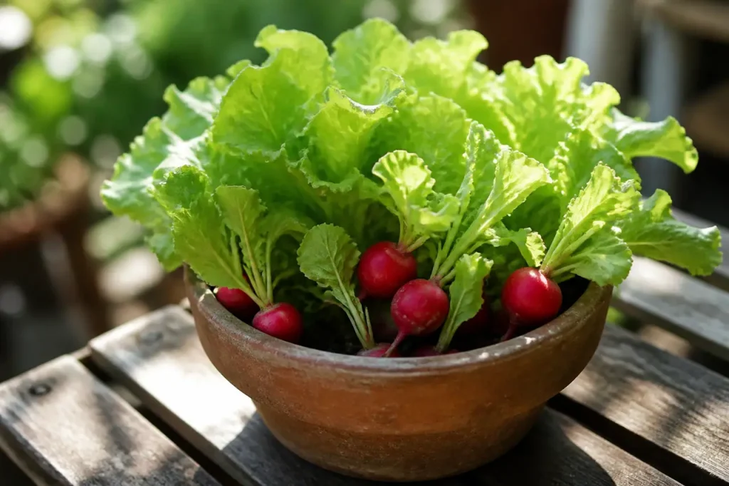 Laitue verte et radis rouges dans un pot