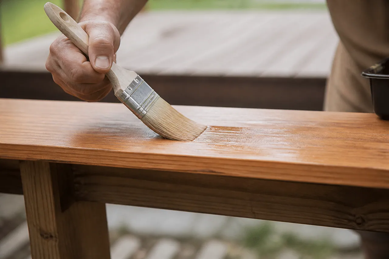 Pinceau appliquant lasure transparente sur planche bois exterieur